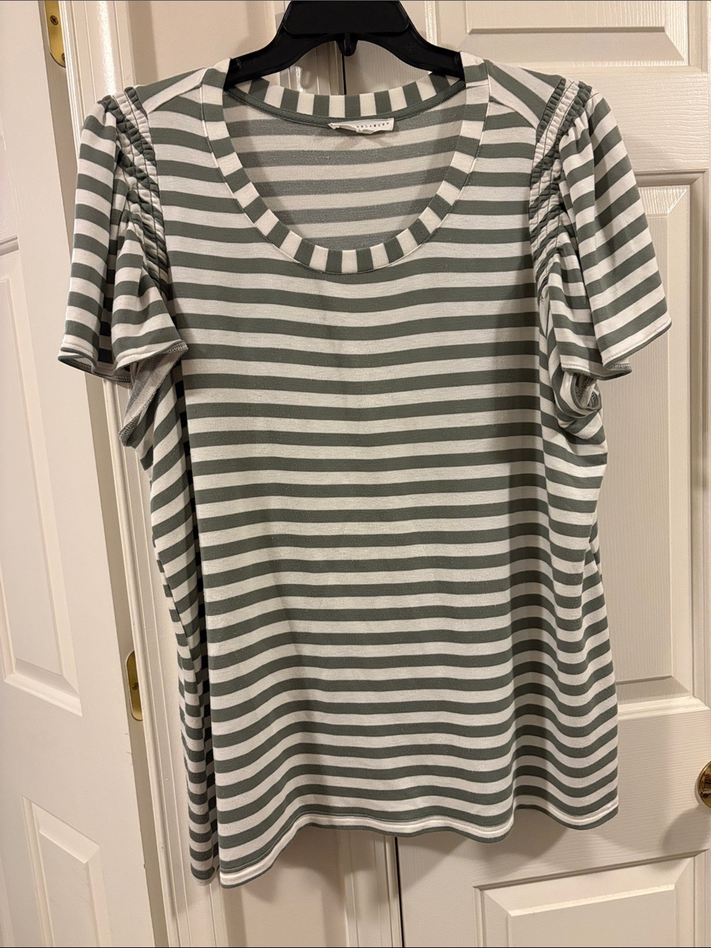Jane and Delancey Sage and White Striped Scoop-Neck Puff Sleeve Top
